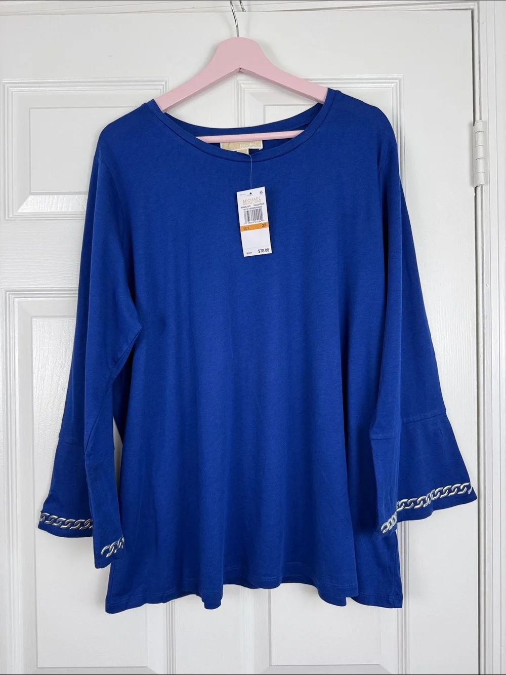 NWT Michael Kors Cobalt Blue Chain-Trim Bell Sleeve Tee Size 3X